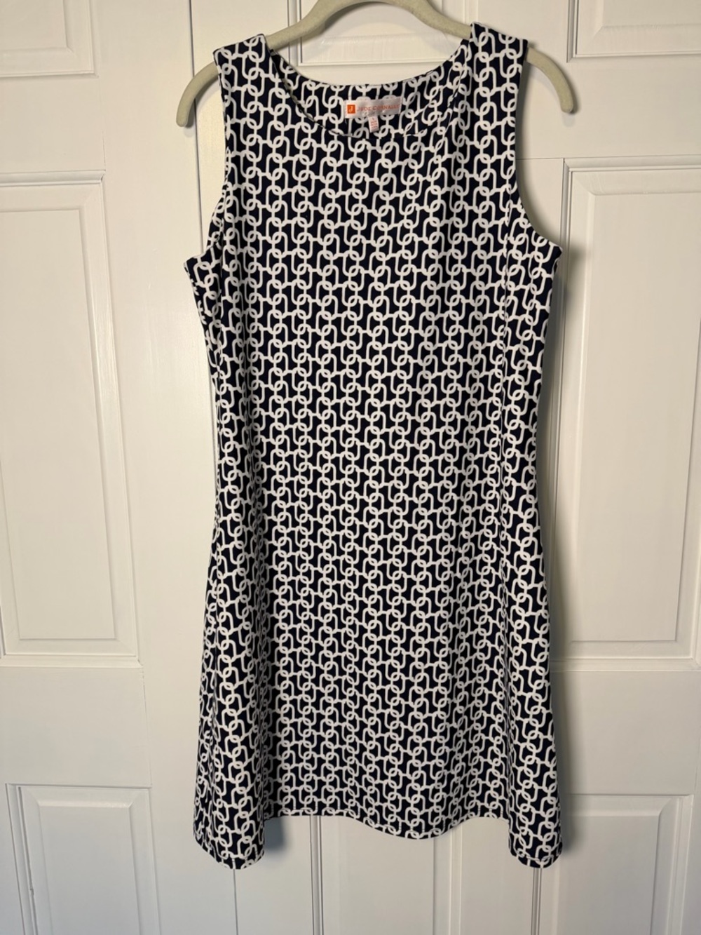 Jude Connally Sleeveless Shift Dress Large Navy White Chain Print Stretch Knit